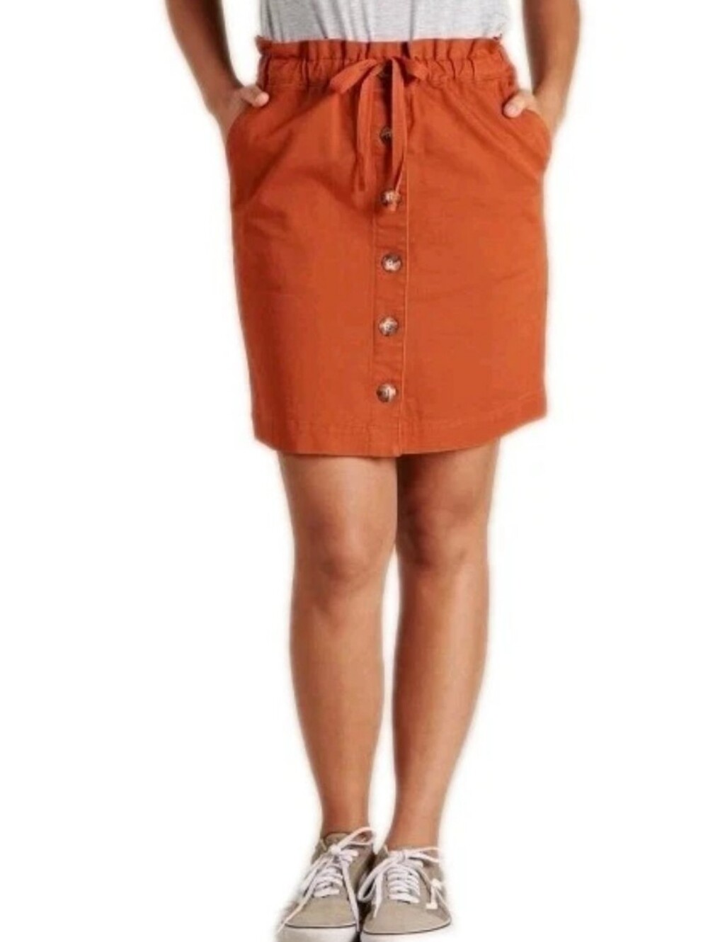 TOAD & CO size Large Organic Cotton Button Front Skirt Elastic Waist Rust Orange